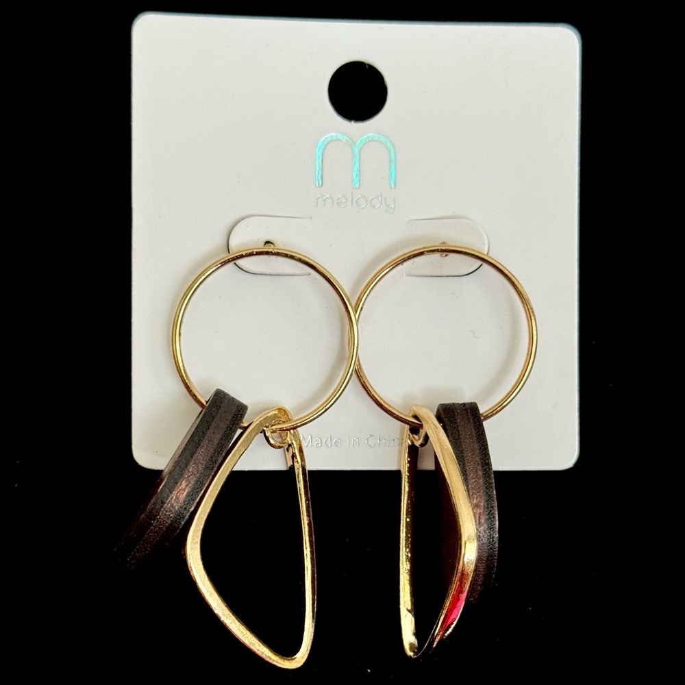 Gold Tone Geometric Dangle Earrings w/ Brown Wood Accents